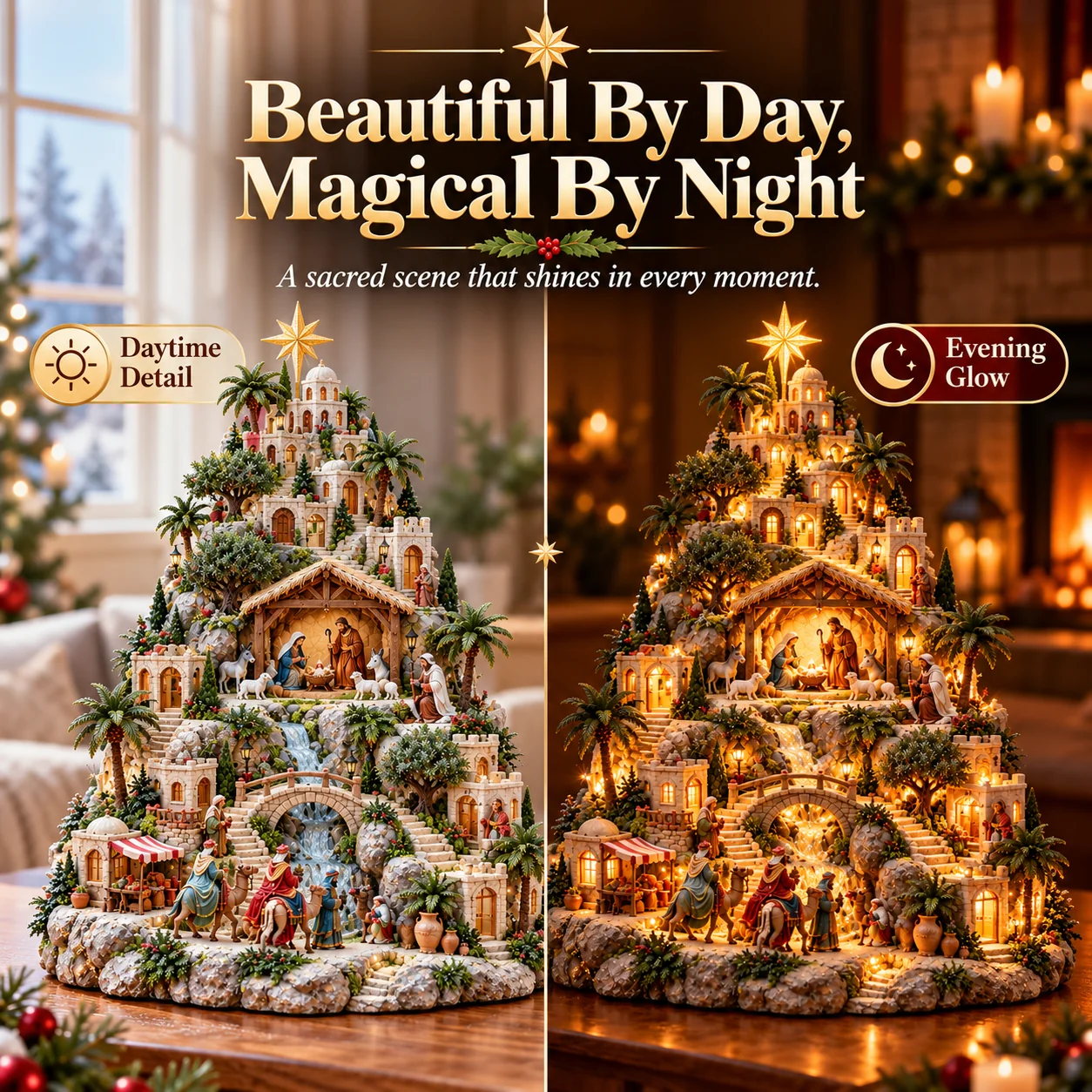 Bethlehem Nativity Village daytime and nighttime