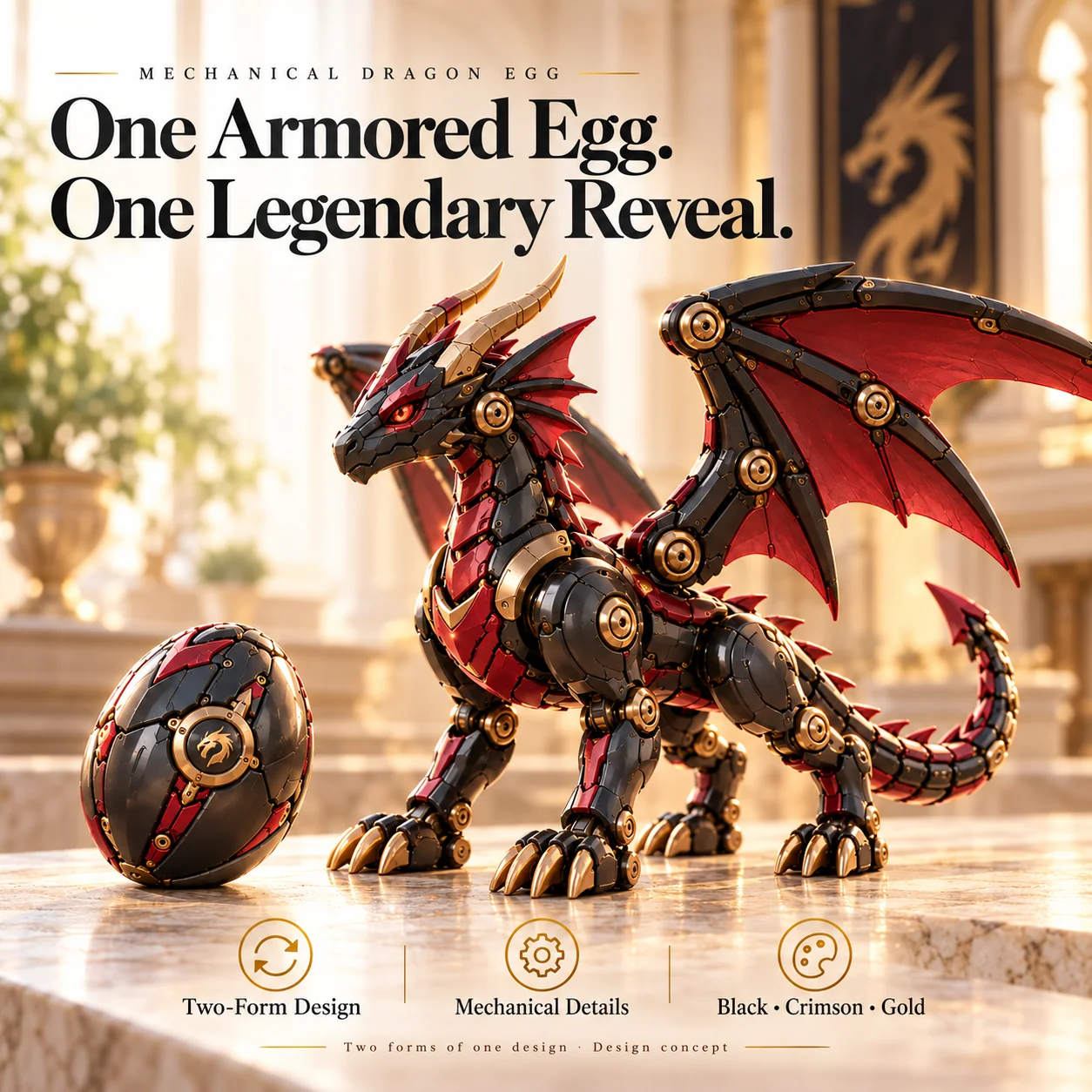 Mechanical dragon design concept showing armored egg and winged dragon forms