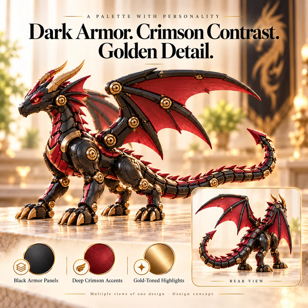 Black, crimson and gold-toned mechanical dragon design details