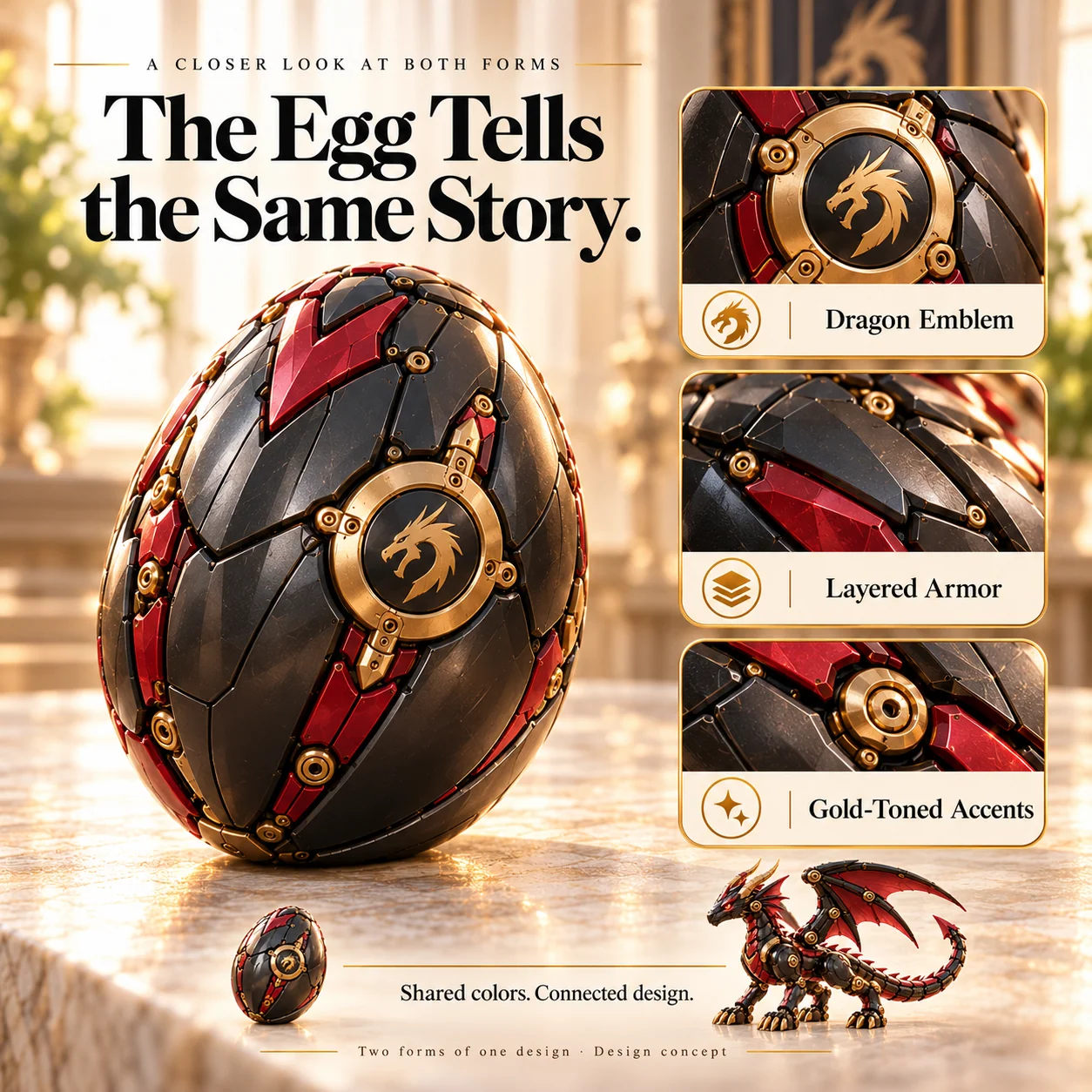 Armored dragon egg concept with circular dragon emblem and contrasting panel details