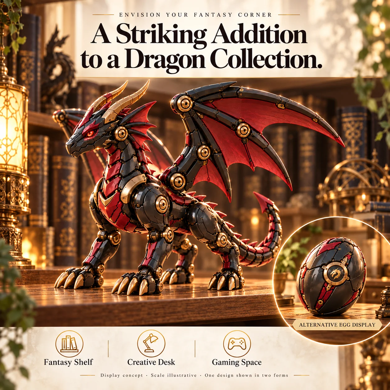 Mechanical dragon concept styled on a fantasy display shelf