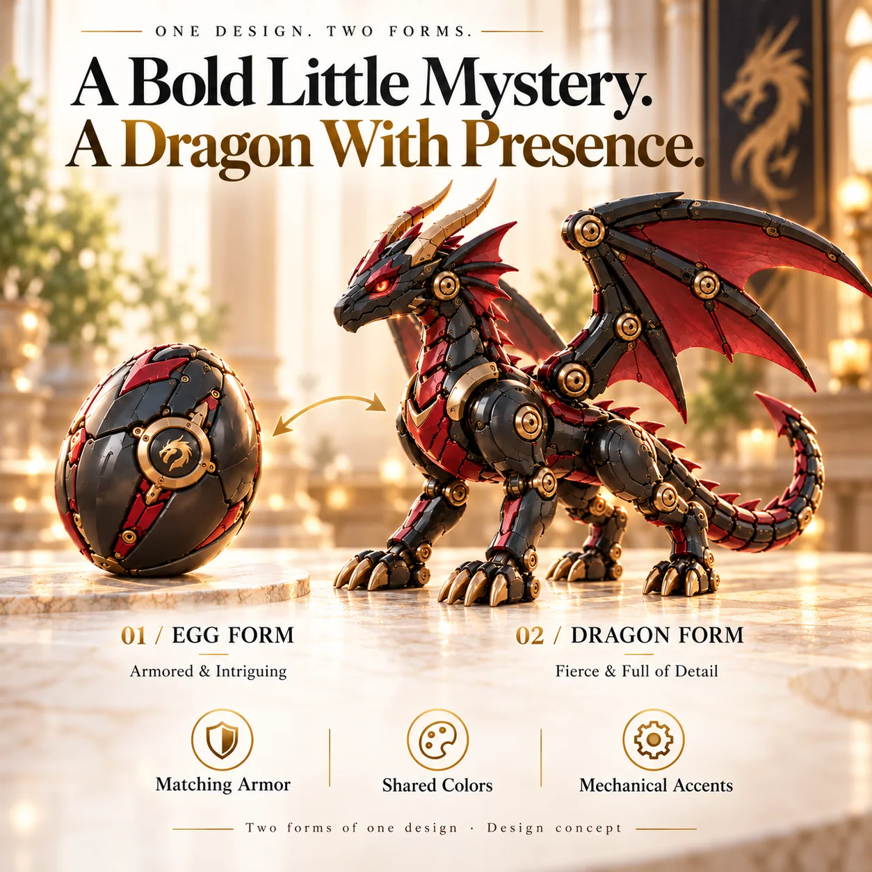 Side-by-side design preview of the armored egg and mechanical dragon