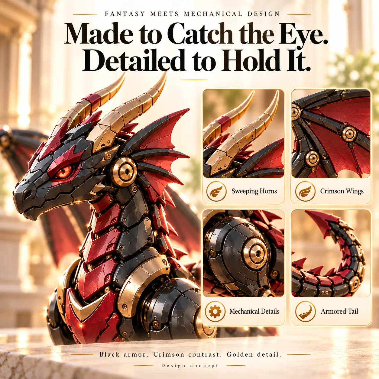 Mechanical dragon concept with gold-toned horns, crimson wings and detailed armor