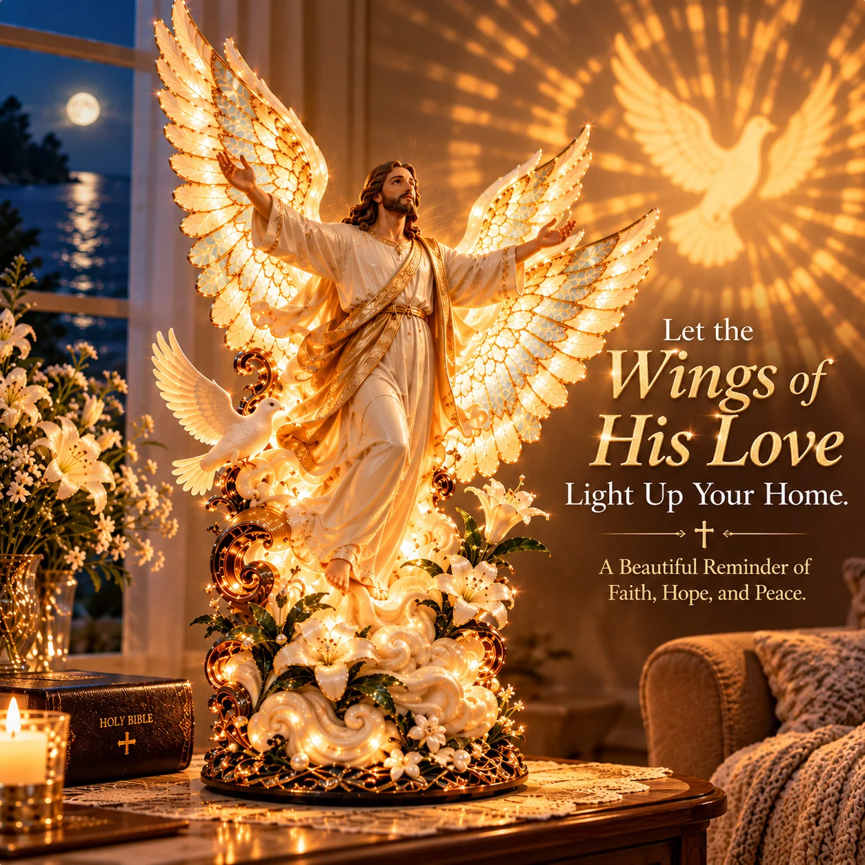 Wings of His Love illuminated Jesus sculpture detail