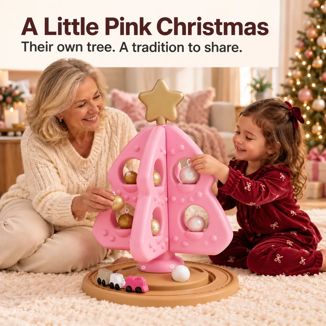 Family enjoying a pink Christmas tree decorating playset