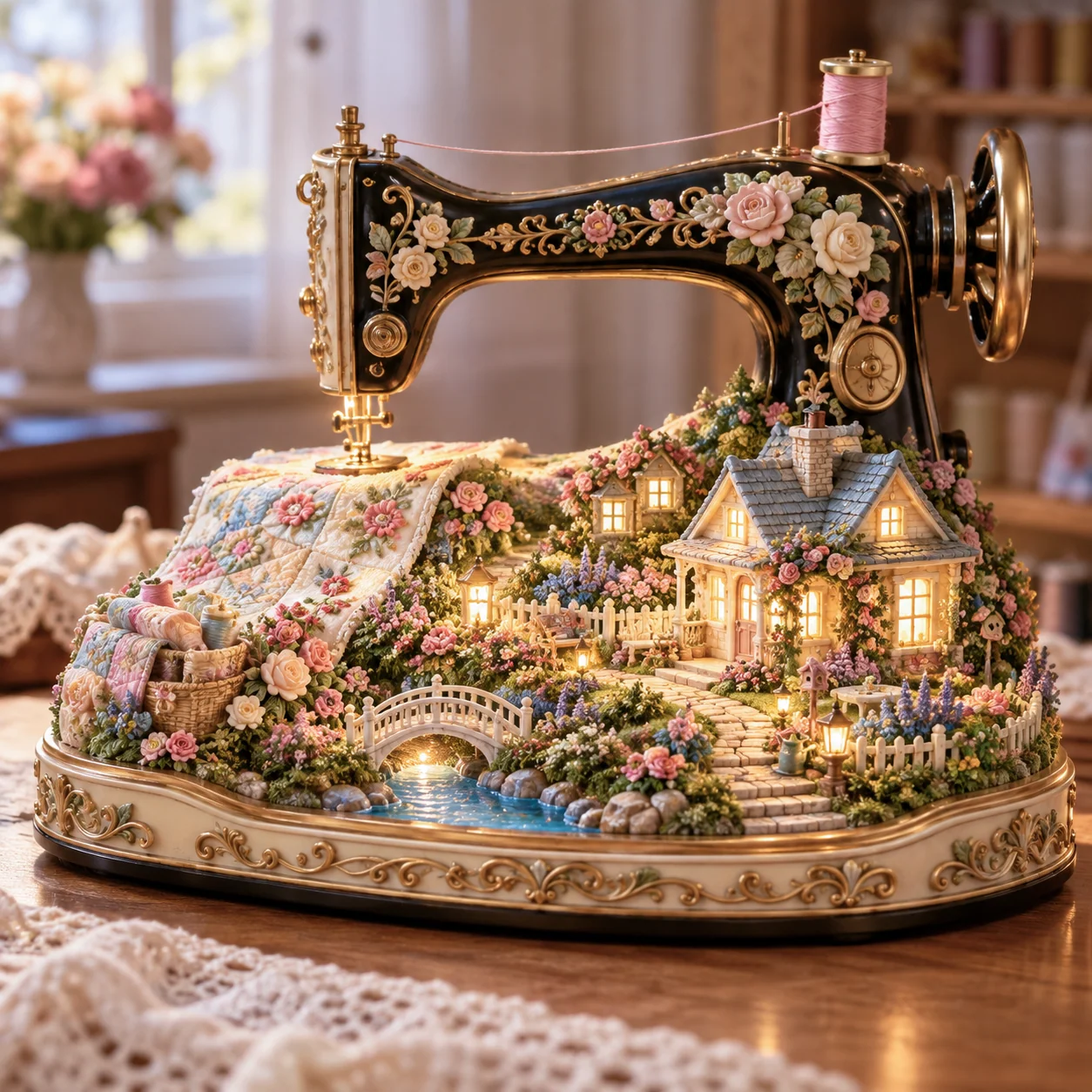 Stitched to Life vintage sewing machine garden lamp with floral quilt, cottage, bridge, stream and gold base