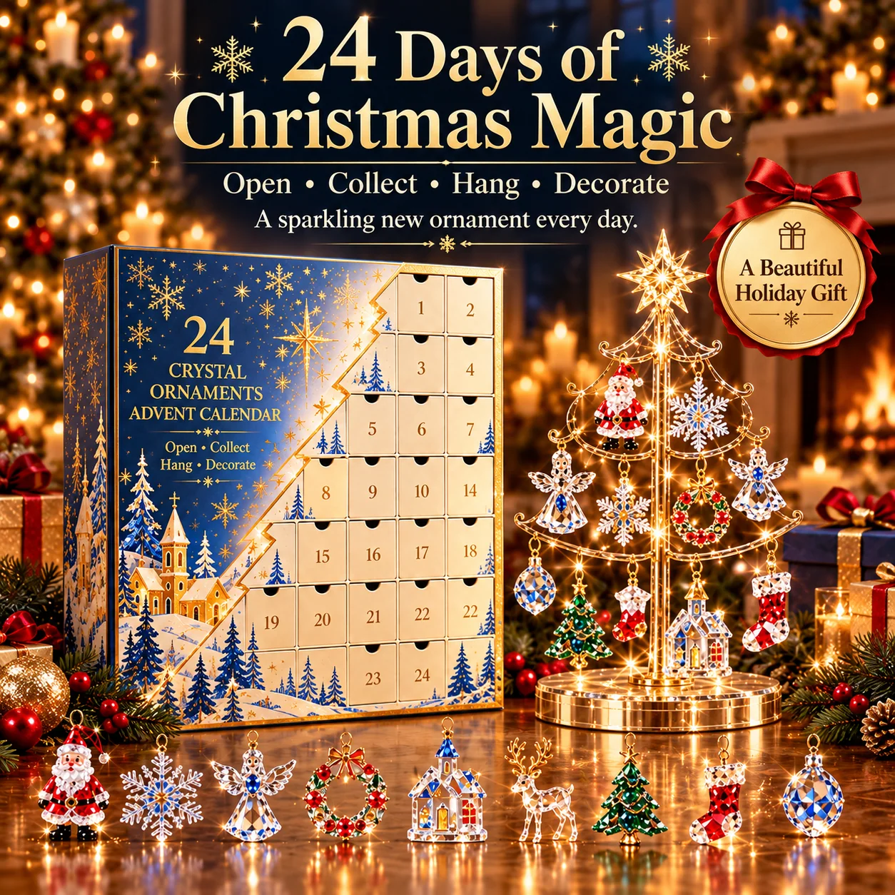 2026 Christmas crystal-style ornament advent calendar with numbered blue and gold gift box and decorative display tree