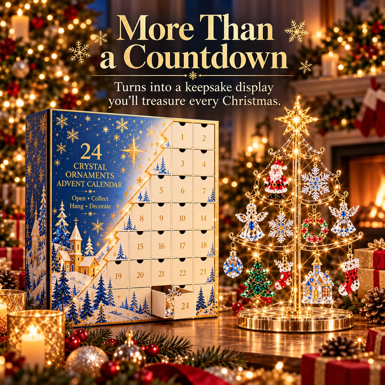 24 crystal-style ornament advent calendar beside a sparkling reusable tabletop Christmas display tree