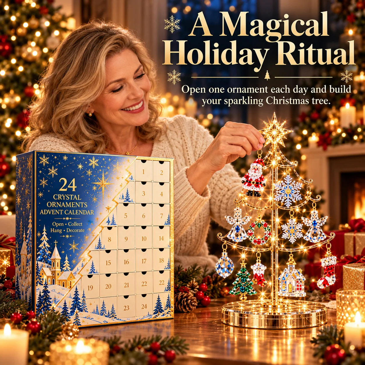 Christmas-loving woman decorating crystal-style ornaments on a holiday tabletop display tree