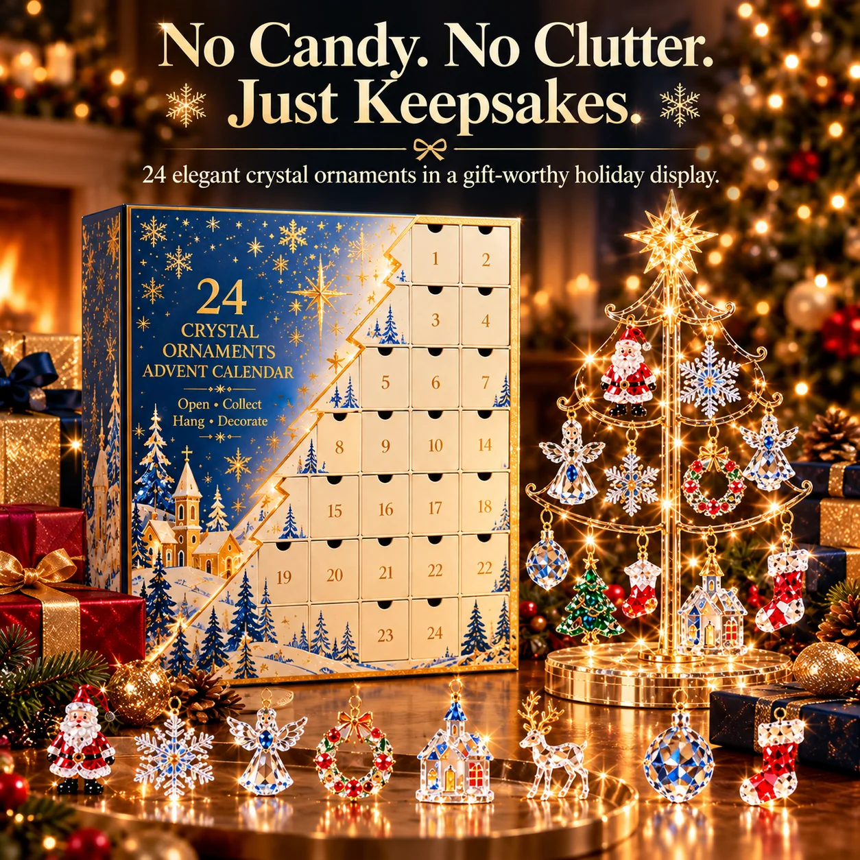 Christmas ornament advent calendar with crystal-style Santa, snowflakes, stars and festive decorations