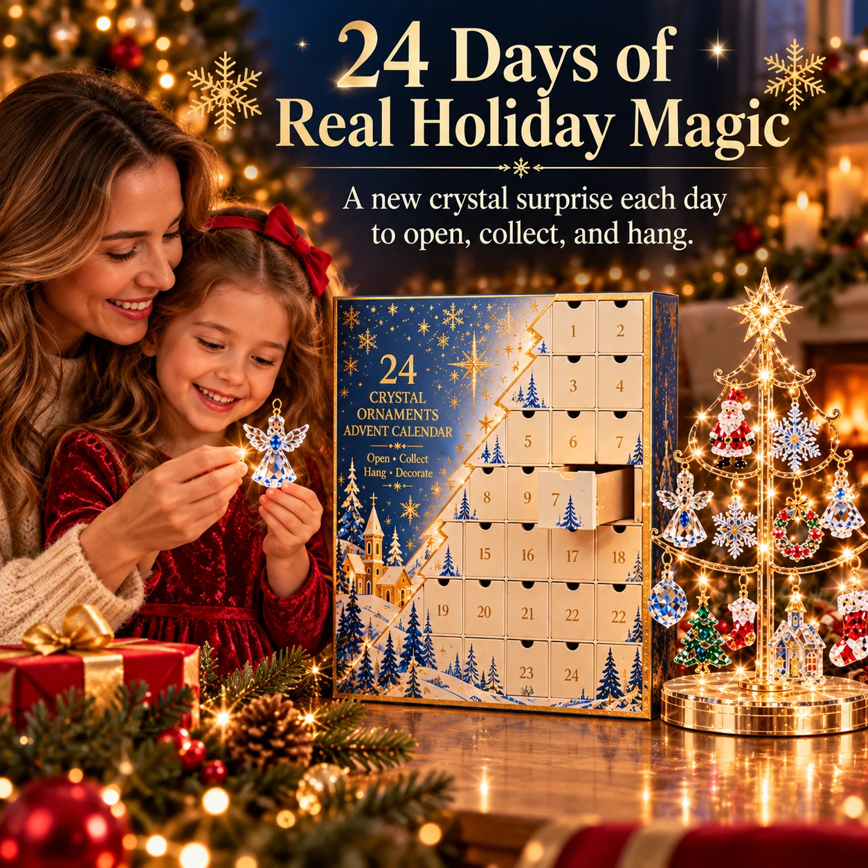 Mother and daughter enjoying a Christmas crystal ornament surprise together