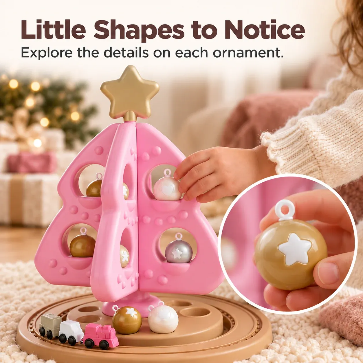 Close-up of pearly and gold-colored Christmas tree ornaments