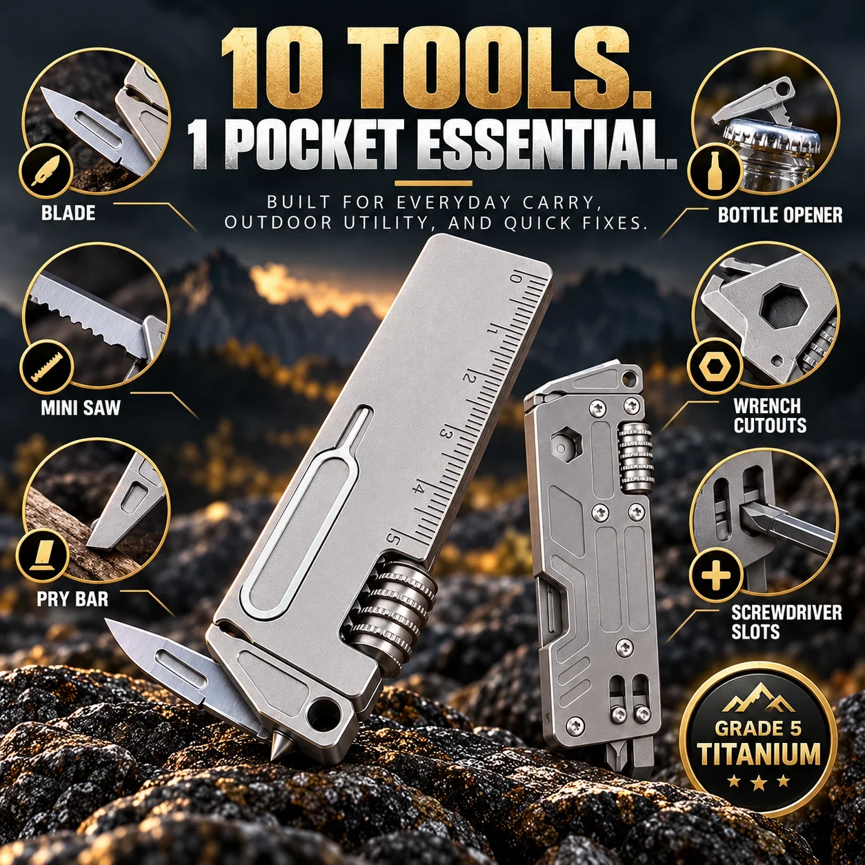 10 tools in one titanium pocket multi-tool with blade saw pry bar bottle opener wrench and screwdriver slots