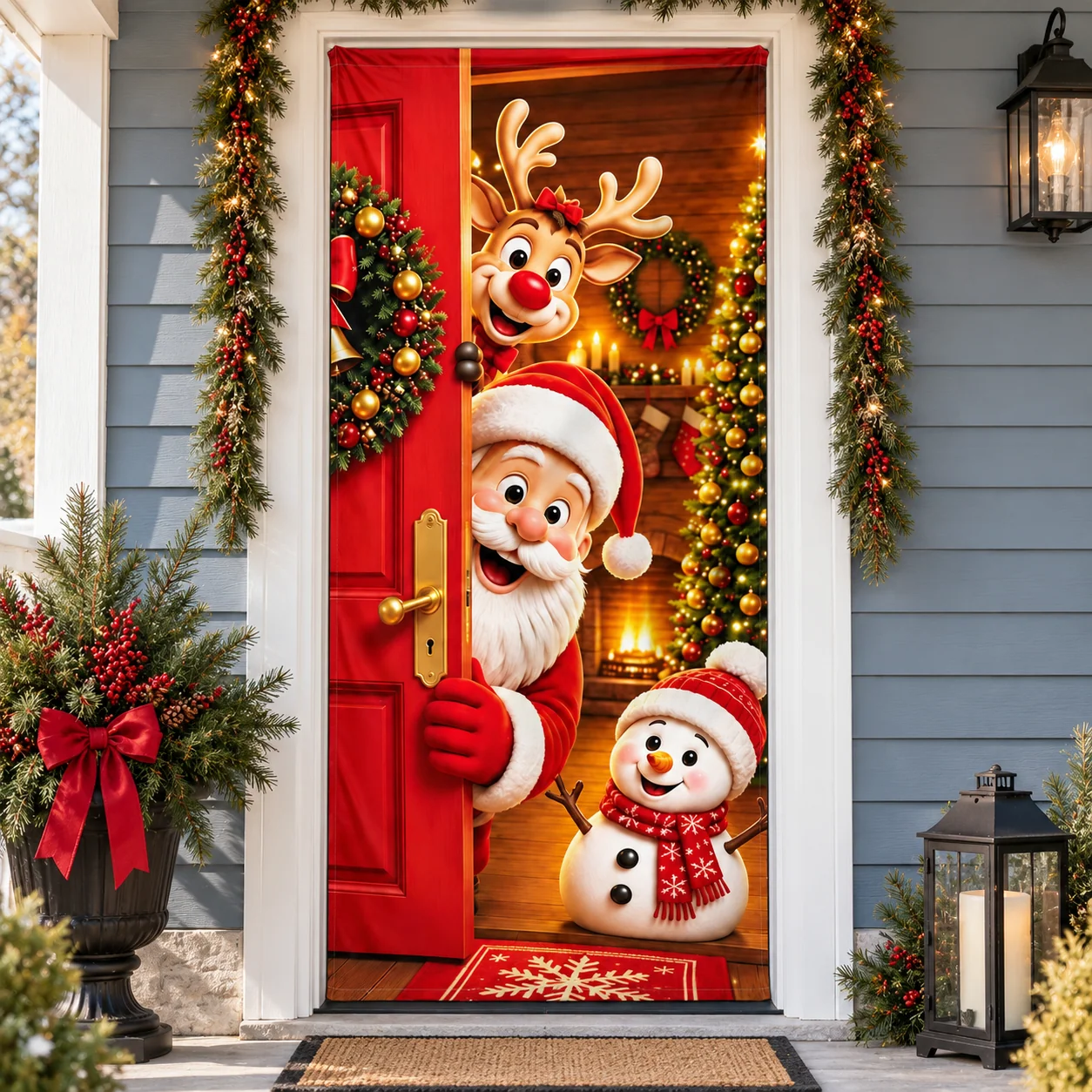Santa, reindeer and snowman printed Christmas door cover displayed in a white-framed doorway