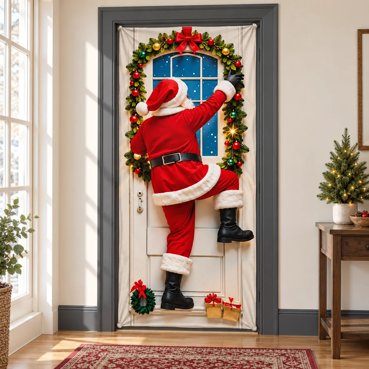 Climbing Santa printed fabric door cover bringing Christmas color to an interior hallway