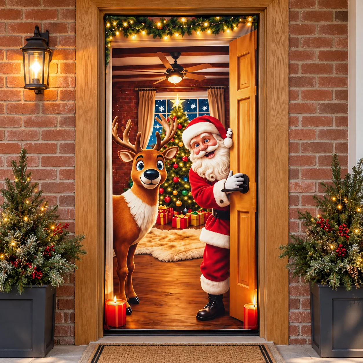 Santa and reindeer printed door cover shown in a wood-framed doorway with brick surroundings