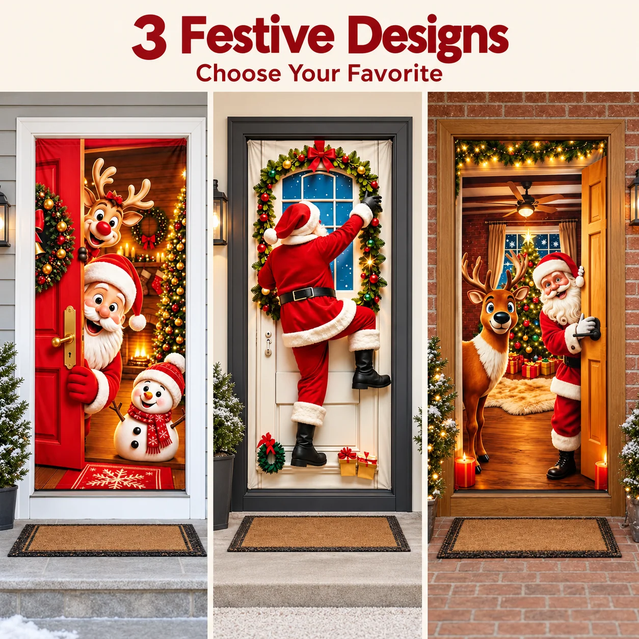 Three Christmas door cover choices: Santa with reindeer and snowman, Climbing Santa, and Santa with reindeer