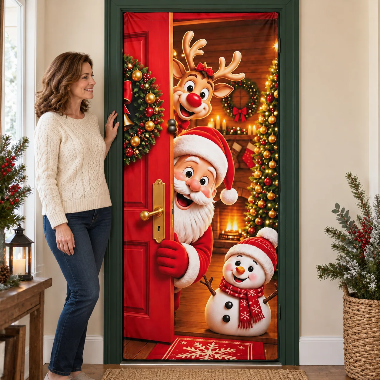 Woman standing beside a fitted Santa, reindeer and snowman Christmas door cover in a home entryway