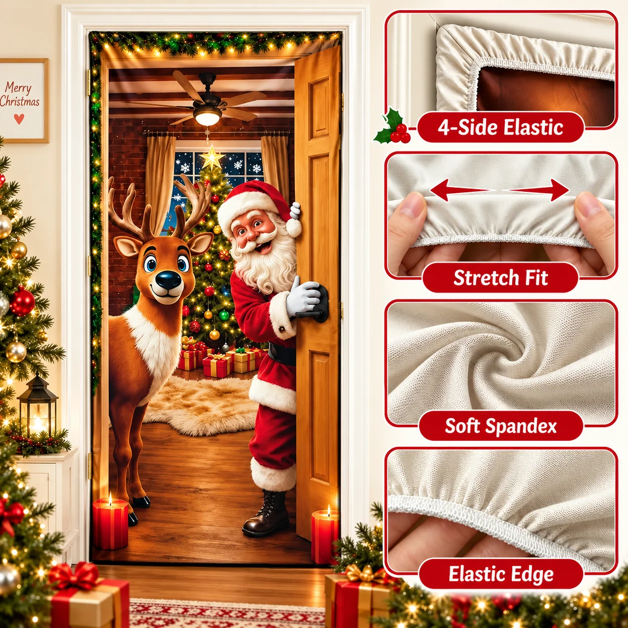 Close-up views of the Christmas door cover stretch fabric, elastic corners and stitched edging