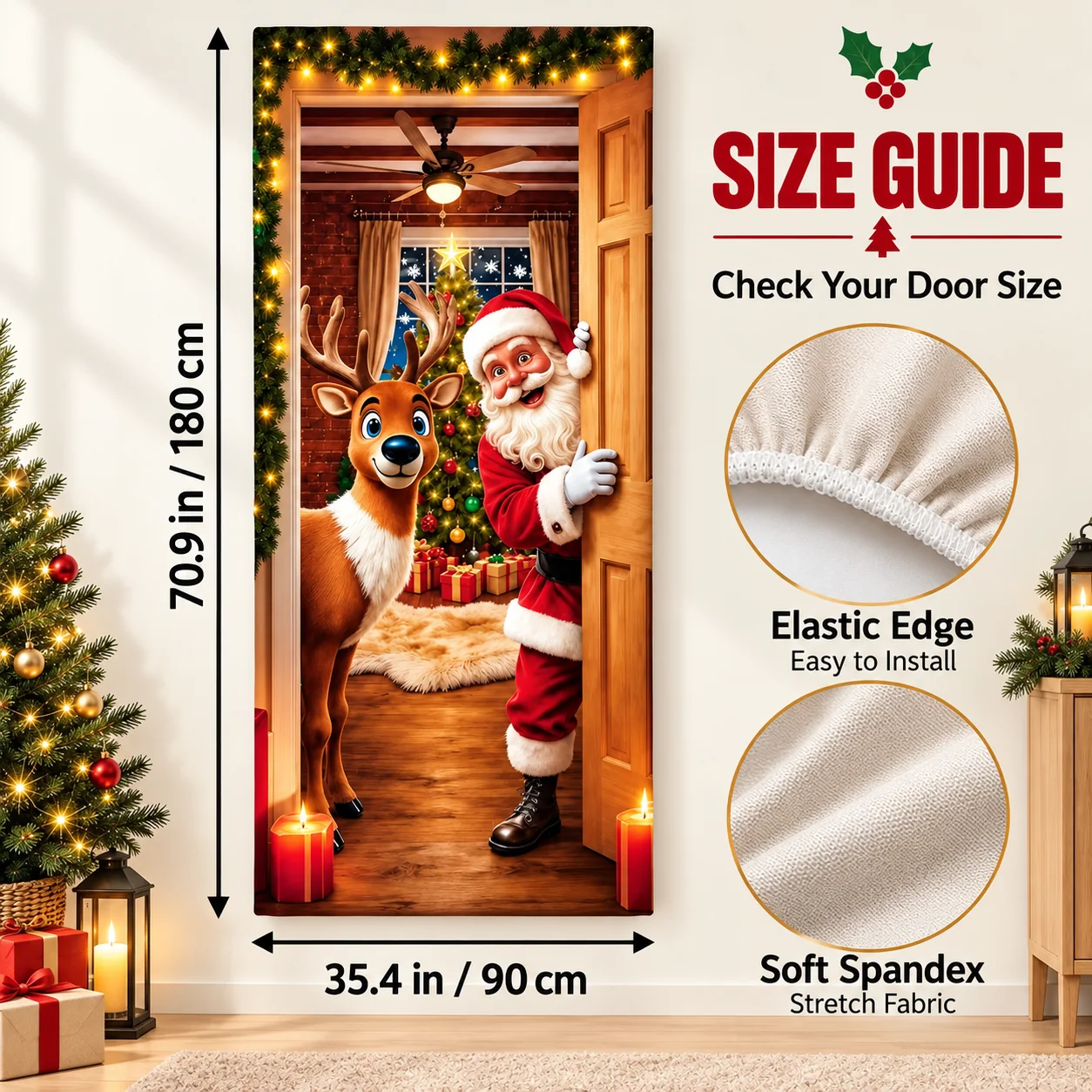 Christmas door cover size guide showing 35.4 inches wide by 70.9 inches high, or 90 by 180 centimeters
