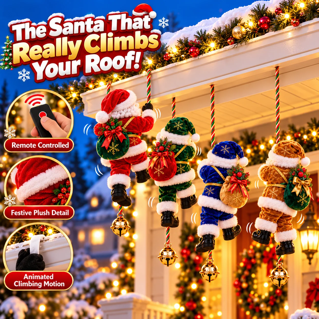 Four festive Christmas Santas climbing ropes outside a decorated home