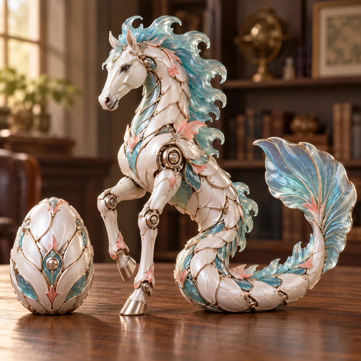 Pearl white and aqua horse-fish mythical creature concept with matching egg