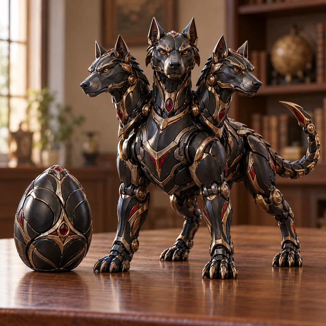 Black and bronze three-headed Cerberus concept with matching egg