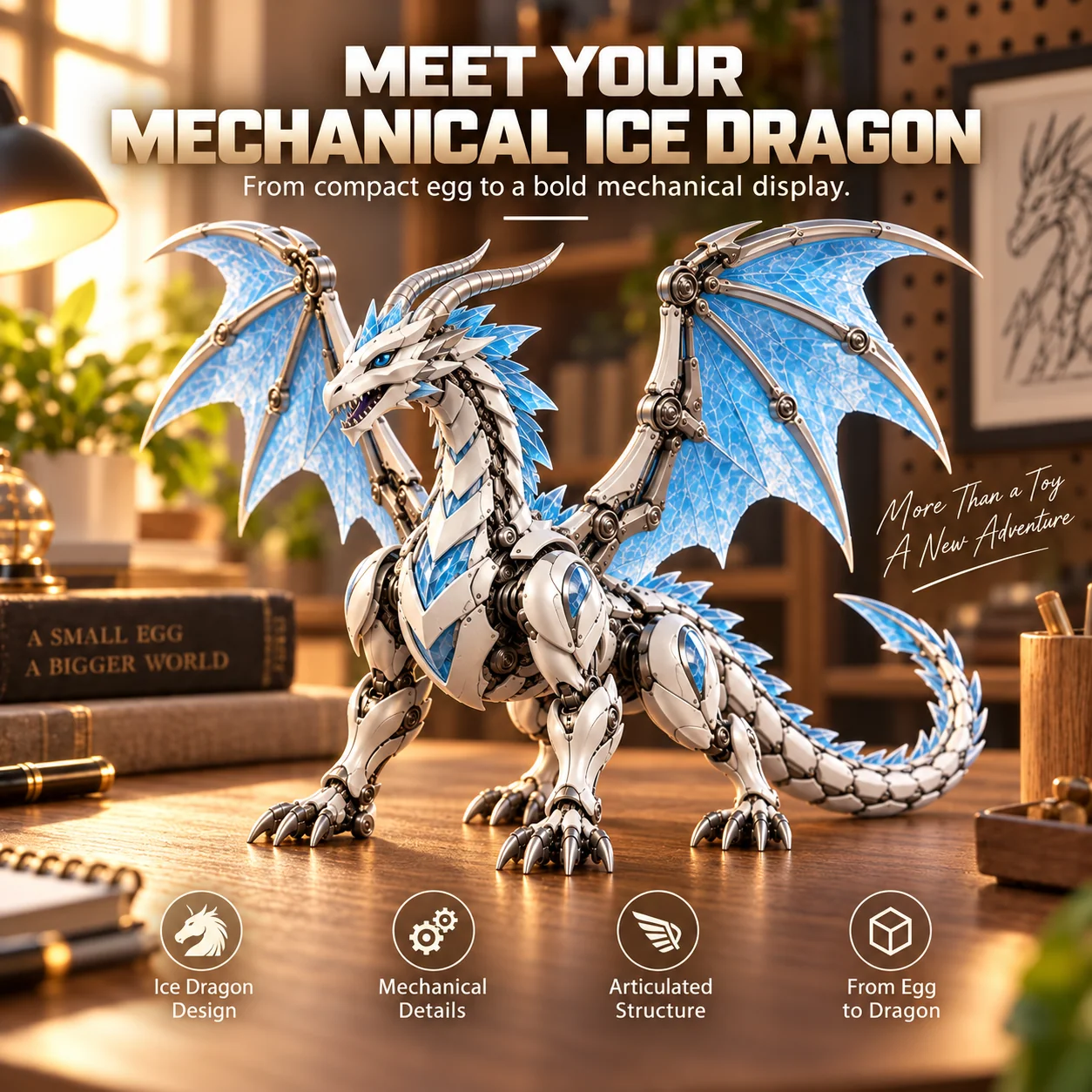 Ice Dragon design concept on a warm wooden desk
