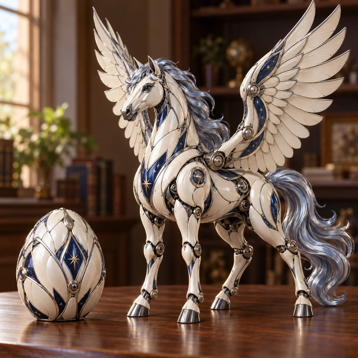 Ivory and blue winged Pegasus concept beside its matching egg