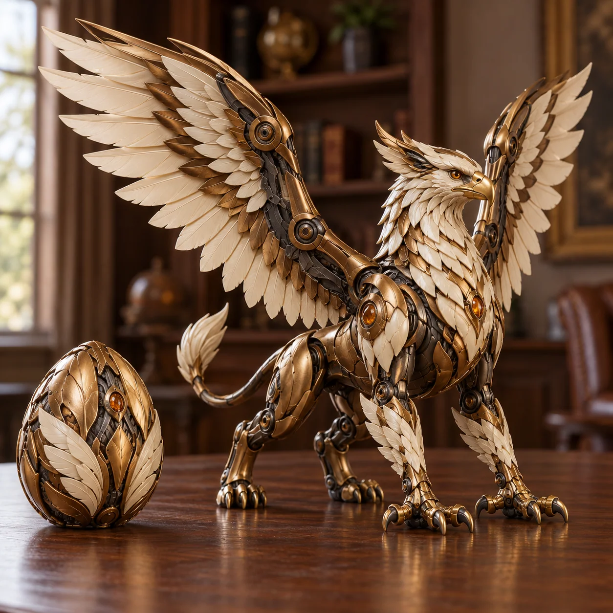 Gold and ivory griffin concept beside its matching egg