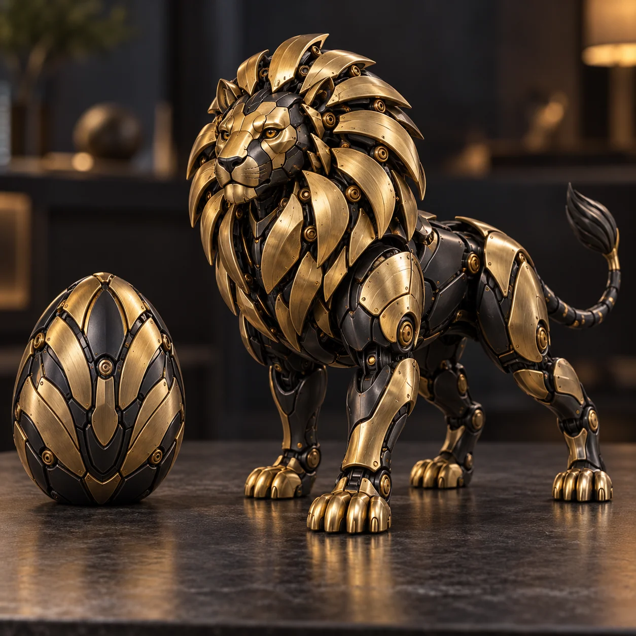 Black and gold mechanical lion concept beside its matching egg