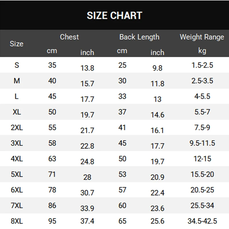 Pet vest size chart