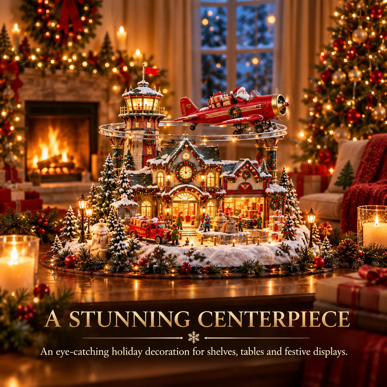 Lighted North Pole airport village Christmas evening display