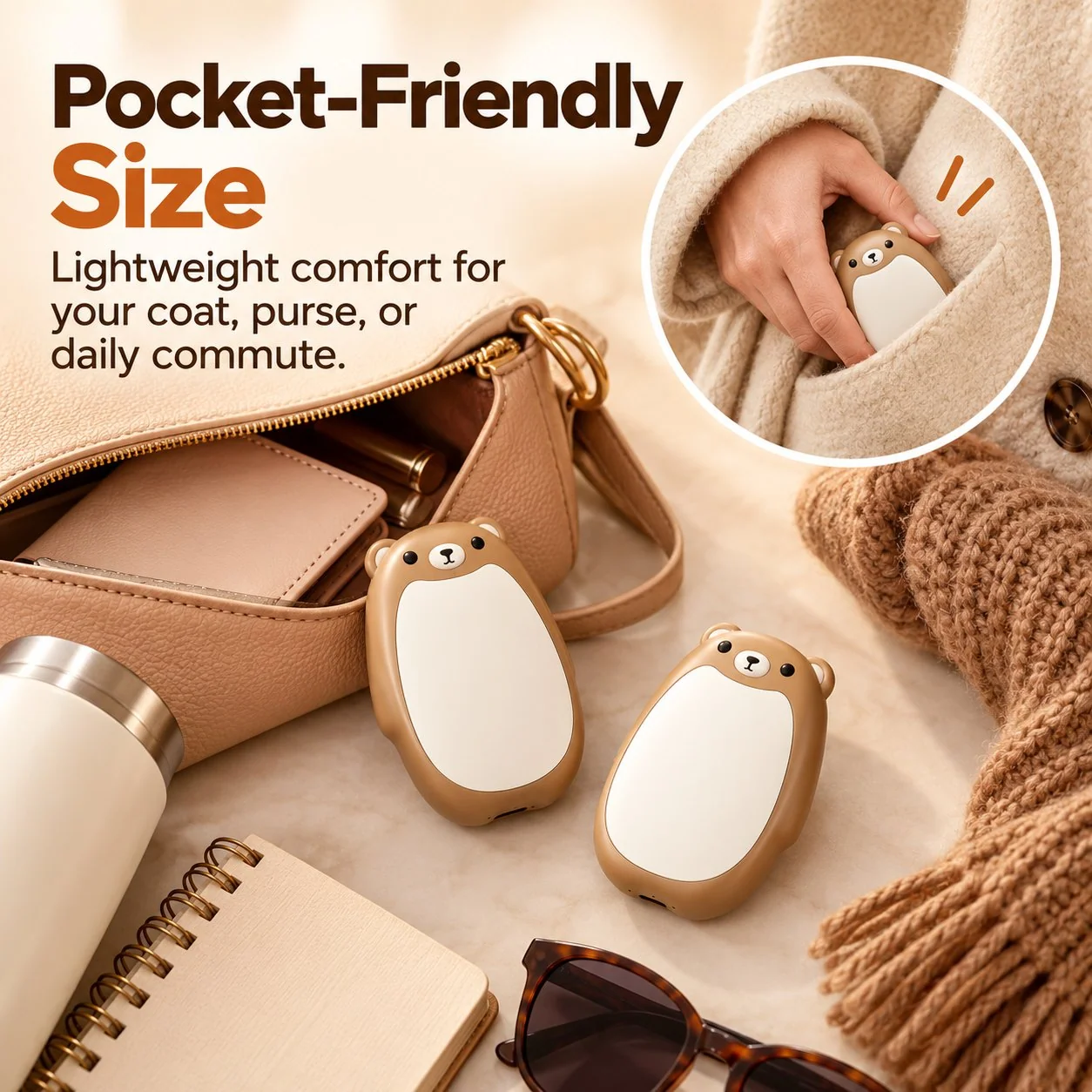 Pocket-friendly bear hand warmers near a purse