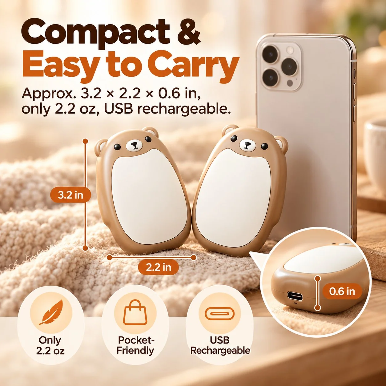 Bear hand warmer dimensions compared with a smartphone