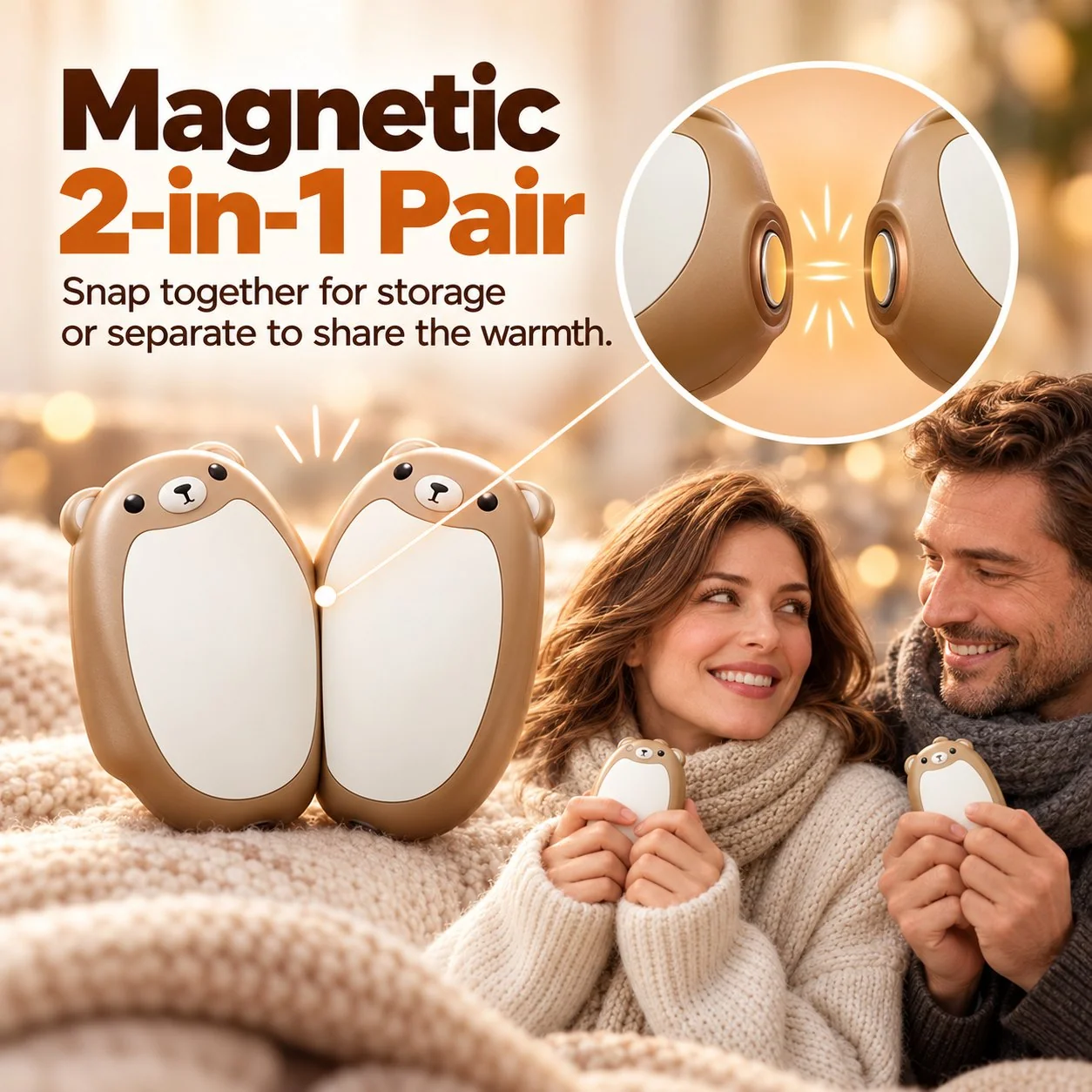 Magnetic connection between two bear hand warmers
