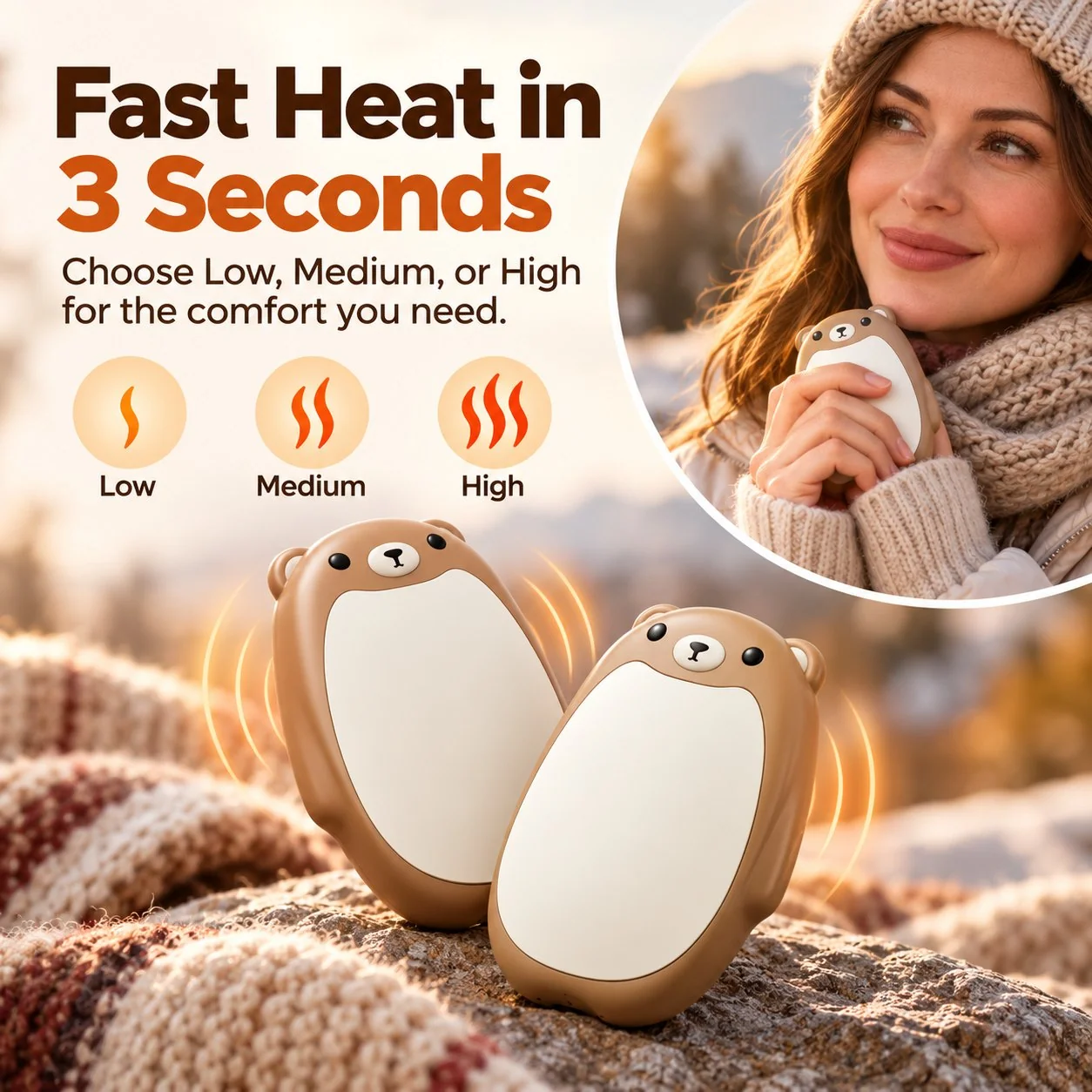 Three adjustable heat settings on bear hand warmers