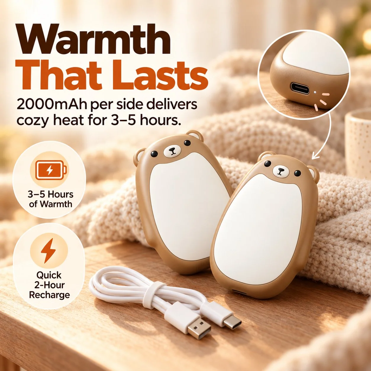 USB rechargeable bear hand warmers and charging cable