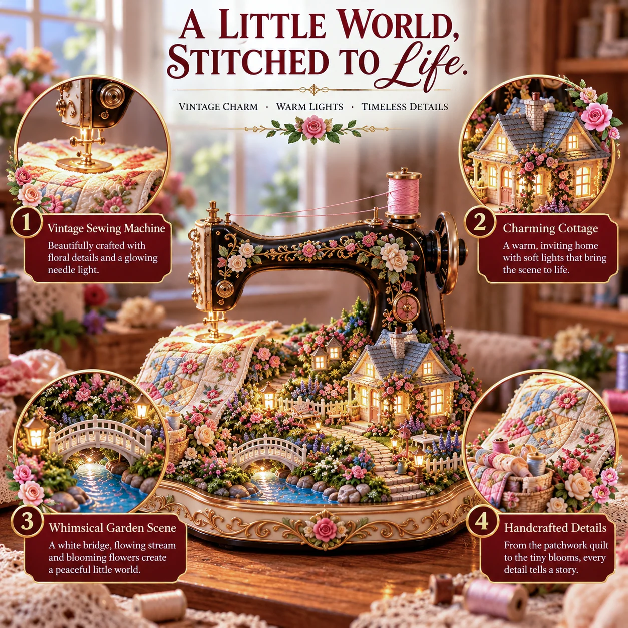 The sewing machine garden lamp design story showing thread, patchwork, flowers and cottage