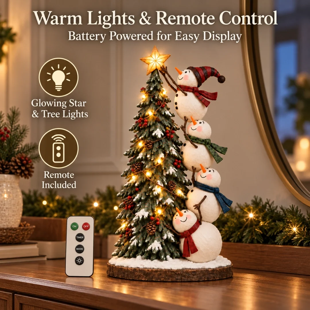 Lighted Christmas snowmen figurine on a console table with warm LED tree lights, glowing star and included remote control shown beside it