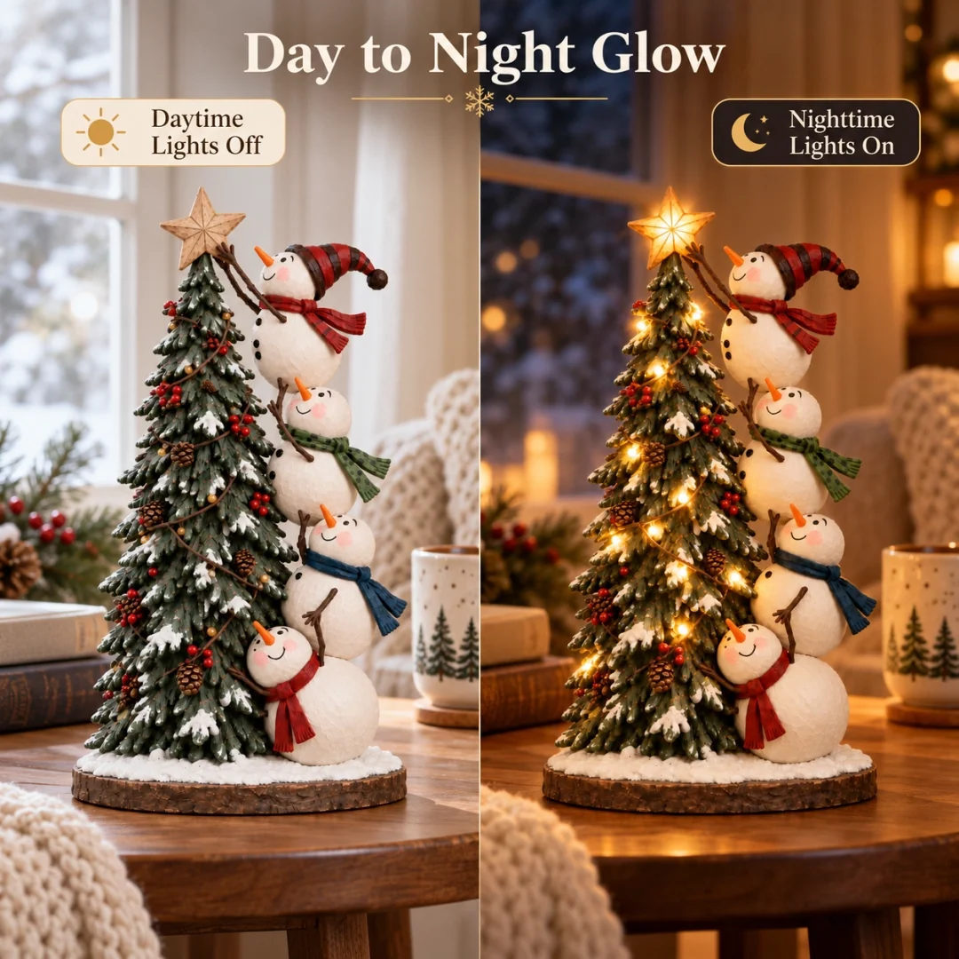 Day and night comparison of Snowmen Topping the Christmas Tree figurine, with lights off during the day and warm glowing LEDs at night