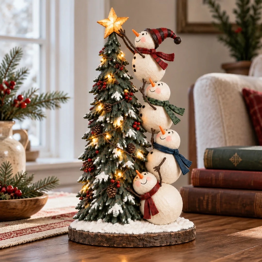 Four snowmen decorating a glowing miniature Christmas tree on a wooden table beside books and a snowy window