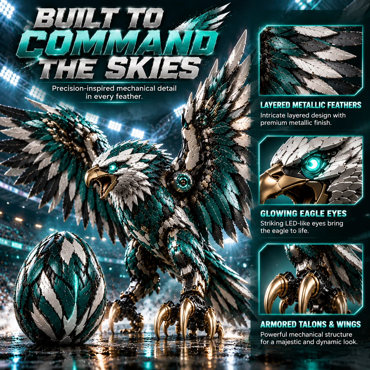 EagleMorph layered metallic feathers glowing eyes and armored talons