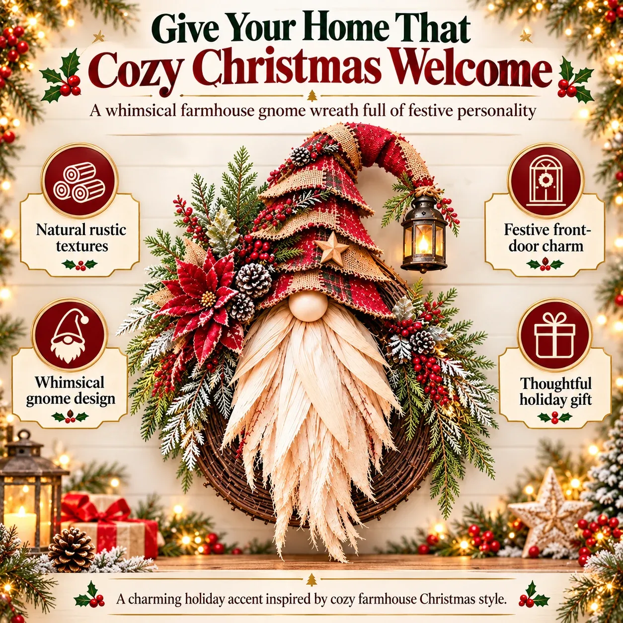 Farmhouse Christmas gnome wreath close view