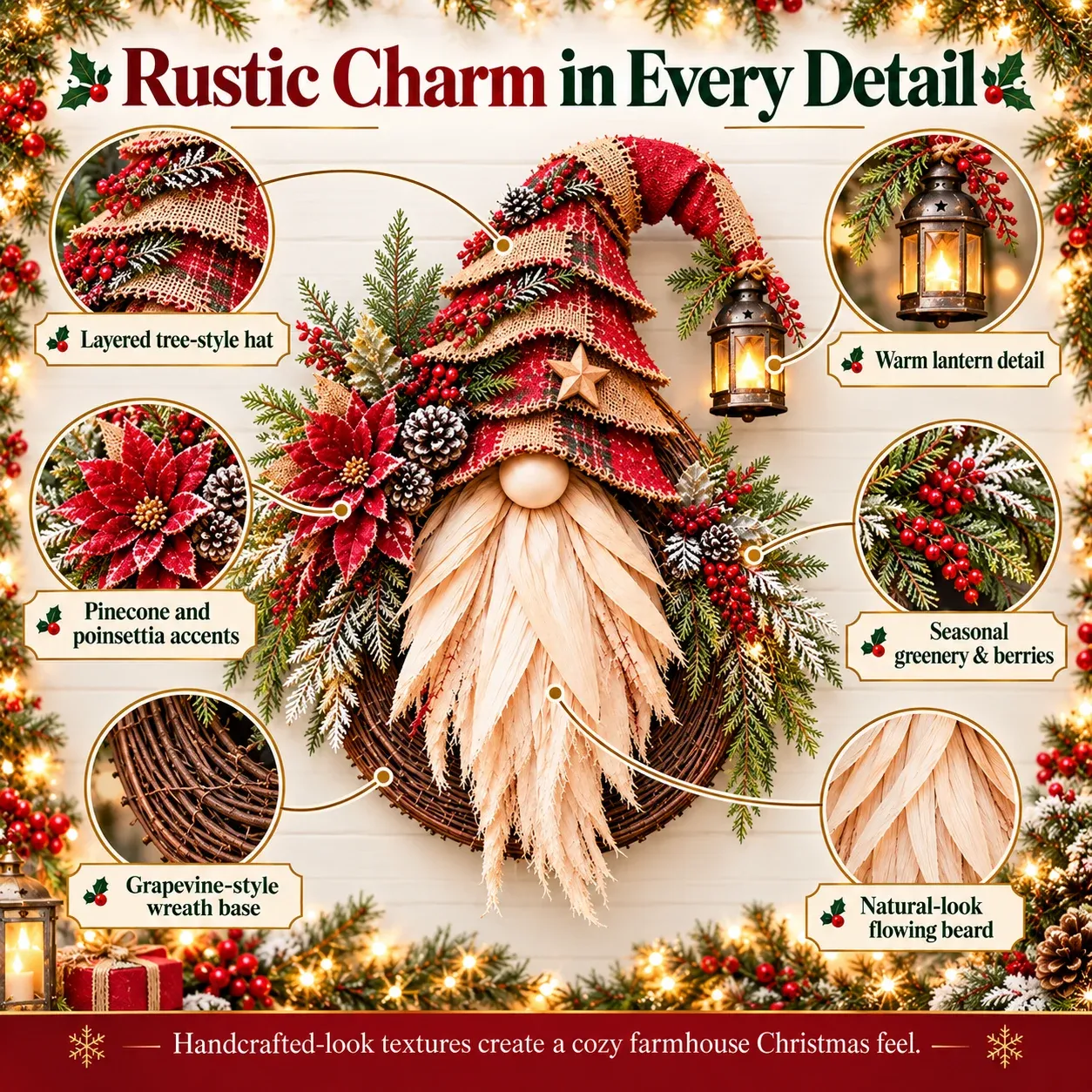 Rustic Christmas gnome wreath details