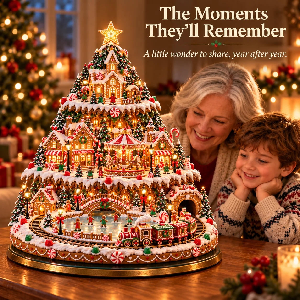 Grandmother and child enjoying the gingerbread Christmas village