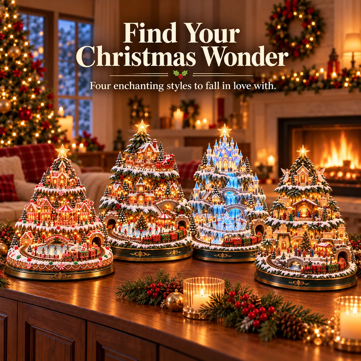 Four lighted three-tier Christmas village tree designs