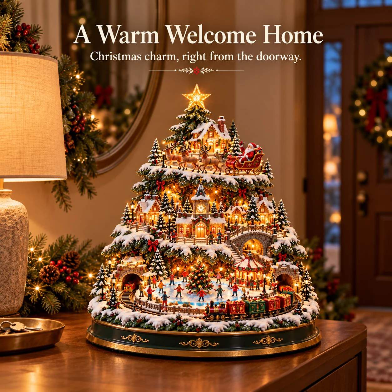 Santa Christmas village displayed in a decorated entryway