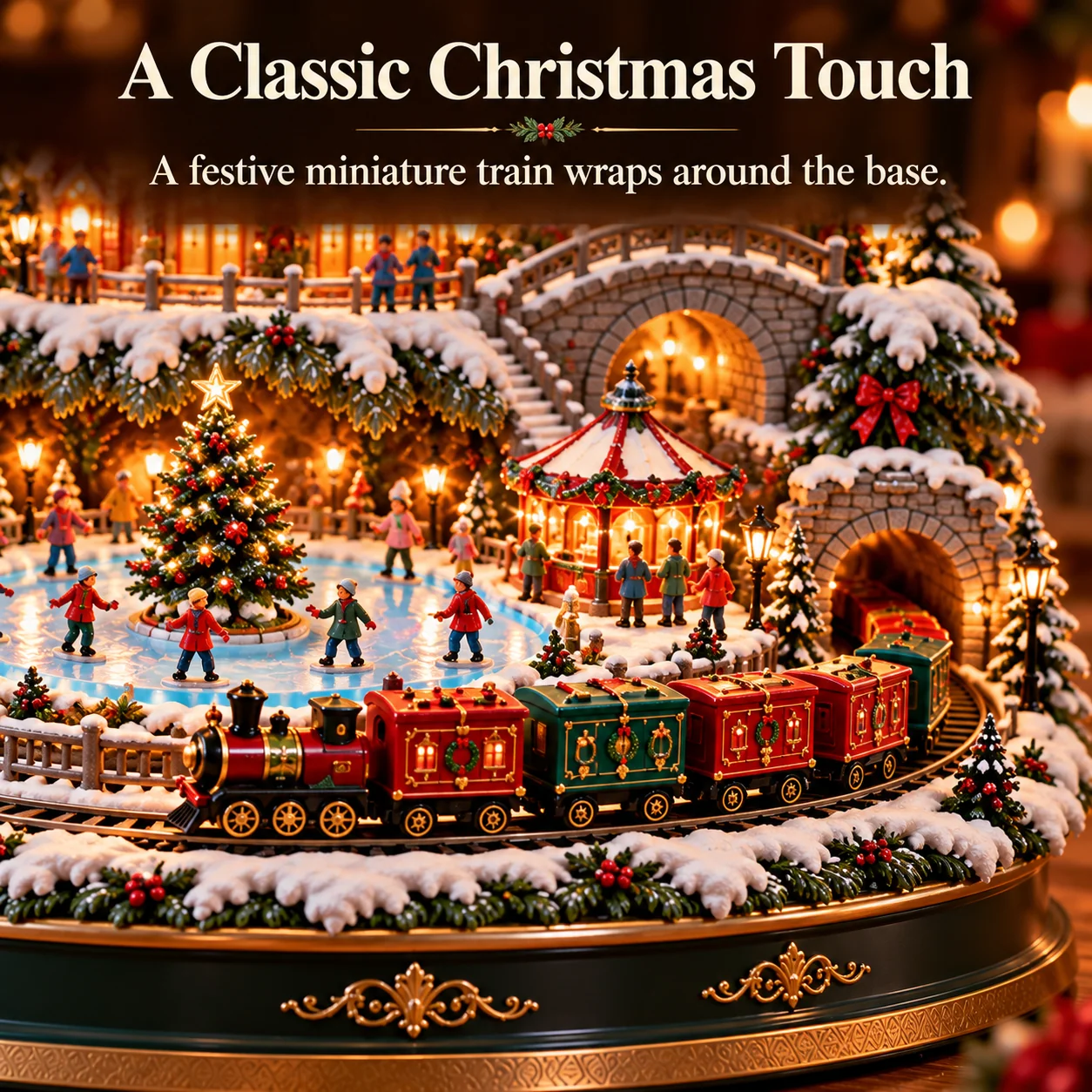 Detailed festive miniature Christmas train and village