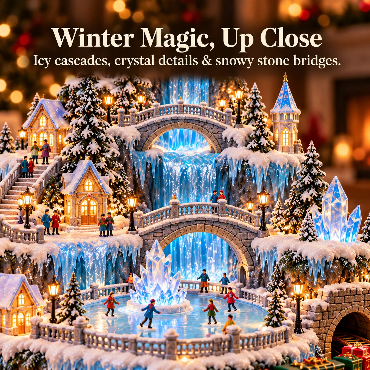 Winter Crystal Castle blue waterfall and bridge details